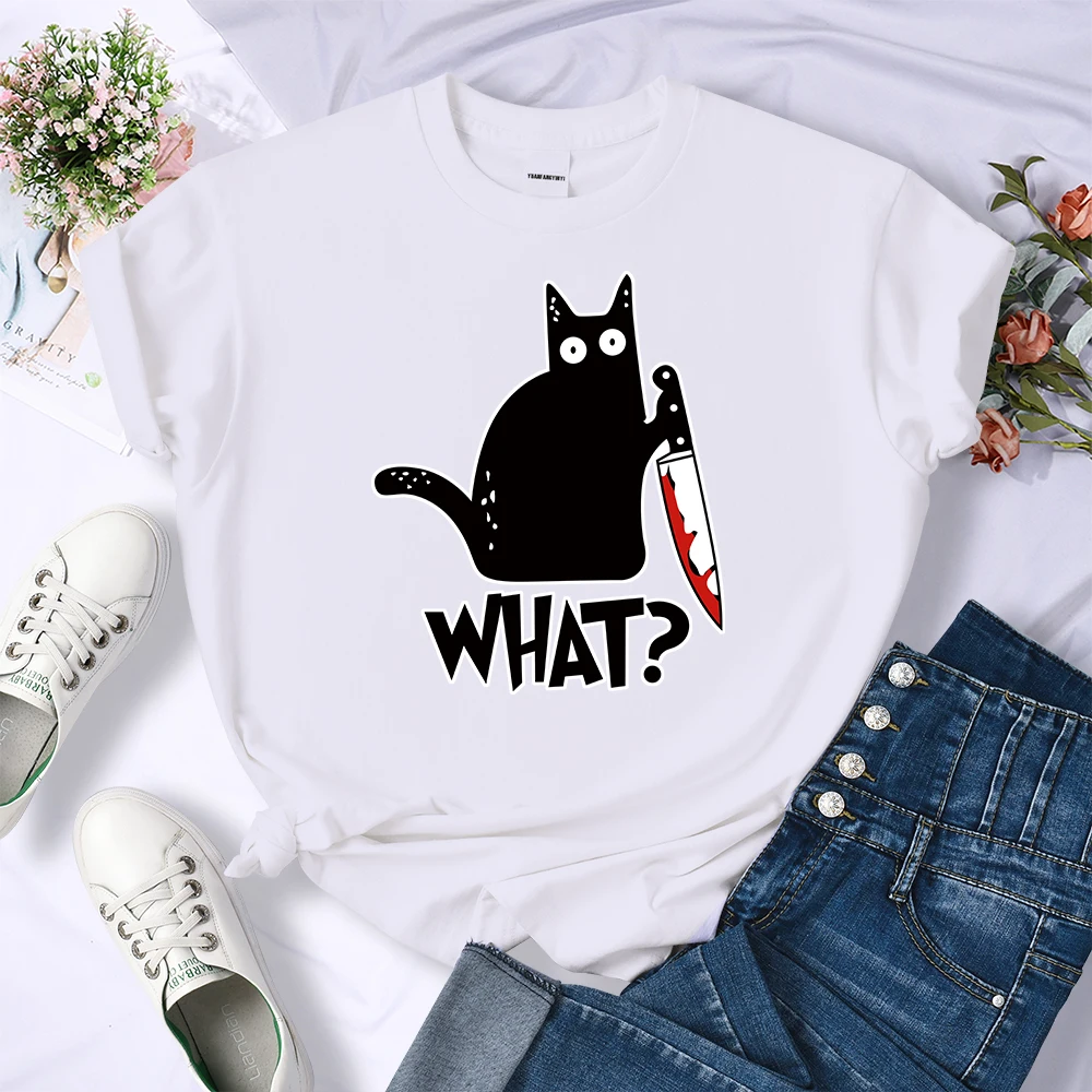 

Casual Sweat Loose Tee Clothes Oversize Summer Crewneck Tops Simplicity Womens T-Shirt Cartoon Black Cat What Print Tshirt Women
