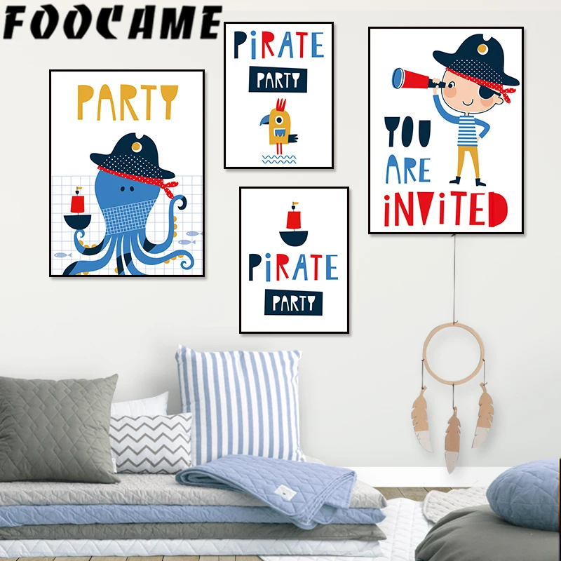 Мультфильм морской пират осьминог корабль Скандинавская Картина на холсте