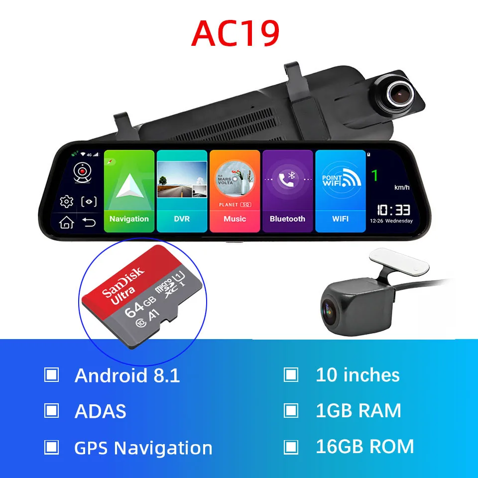 AC19 add 64G Bluavido, 4G, Android 8,1, зеркальный видеорегистратор, 2 Гб ОЗУ, 32 Гб ПЗУ, gps навигация, Автомобильный видеорегистратор, зеркало заднего вида, 1080 P, видеорегистратор, видеокамера - Название цвета: AC19 add 64G