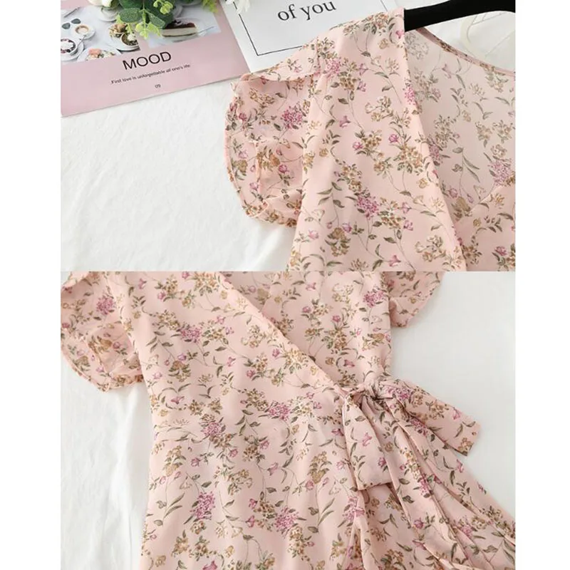

2021 Floral Print Chiffon Summer Dress 2021 Sweet V-neck Short sleeve Knee-length Dresses Women Slim Irregular Party Dress