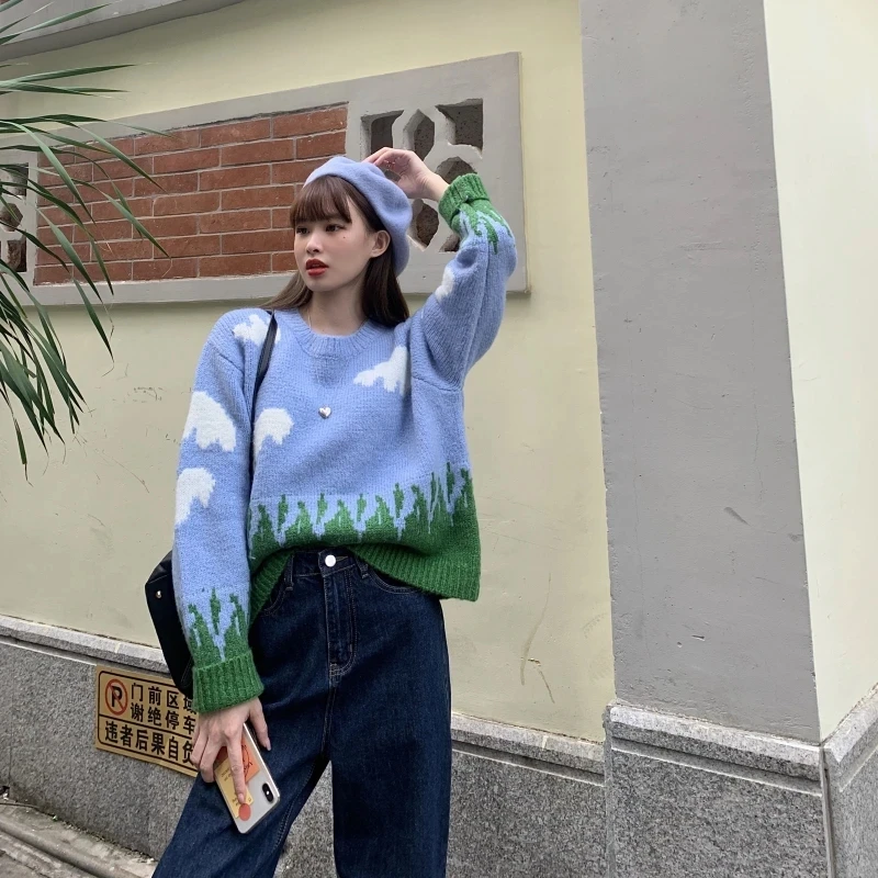 Женские свободные свитера оверсайз с круглым вырезом Повседневные вязаные