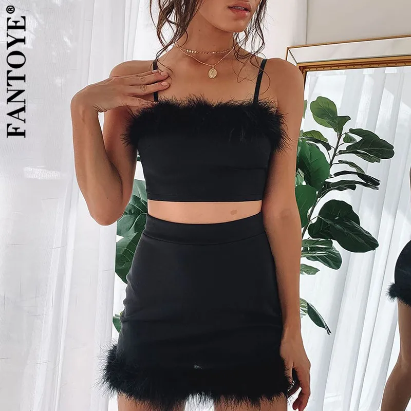 FANTOYE сексуальный комплект из двух предметов с перьями Короткие топы и юбки
