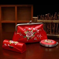 3pcs set women embroidered purse ladies coin money bag mirror lipstick box girl hasp wallet makeup bag chinese gifts souvenir