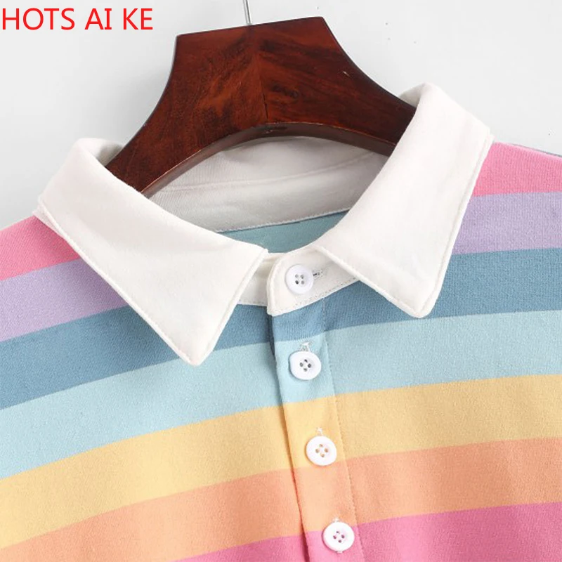 

Polo Shirt Women Sweatshirt Long Sleeve Rainbow Color Ladies Hoodies With Button Striped Korean Style Sweatshirt Women