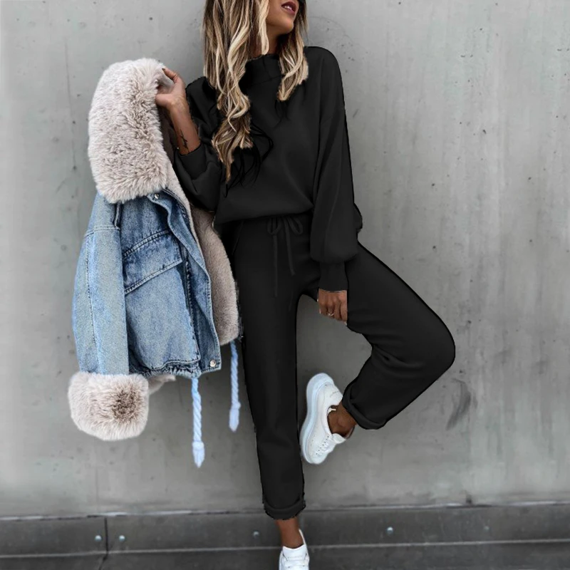 

Women's Solid Color High-Neck Long-Sleeved Casual Suit Ropa Mujer Roupas Femininas Com Frete Gratis Ensemble Femme Crop Top