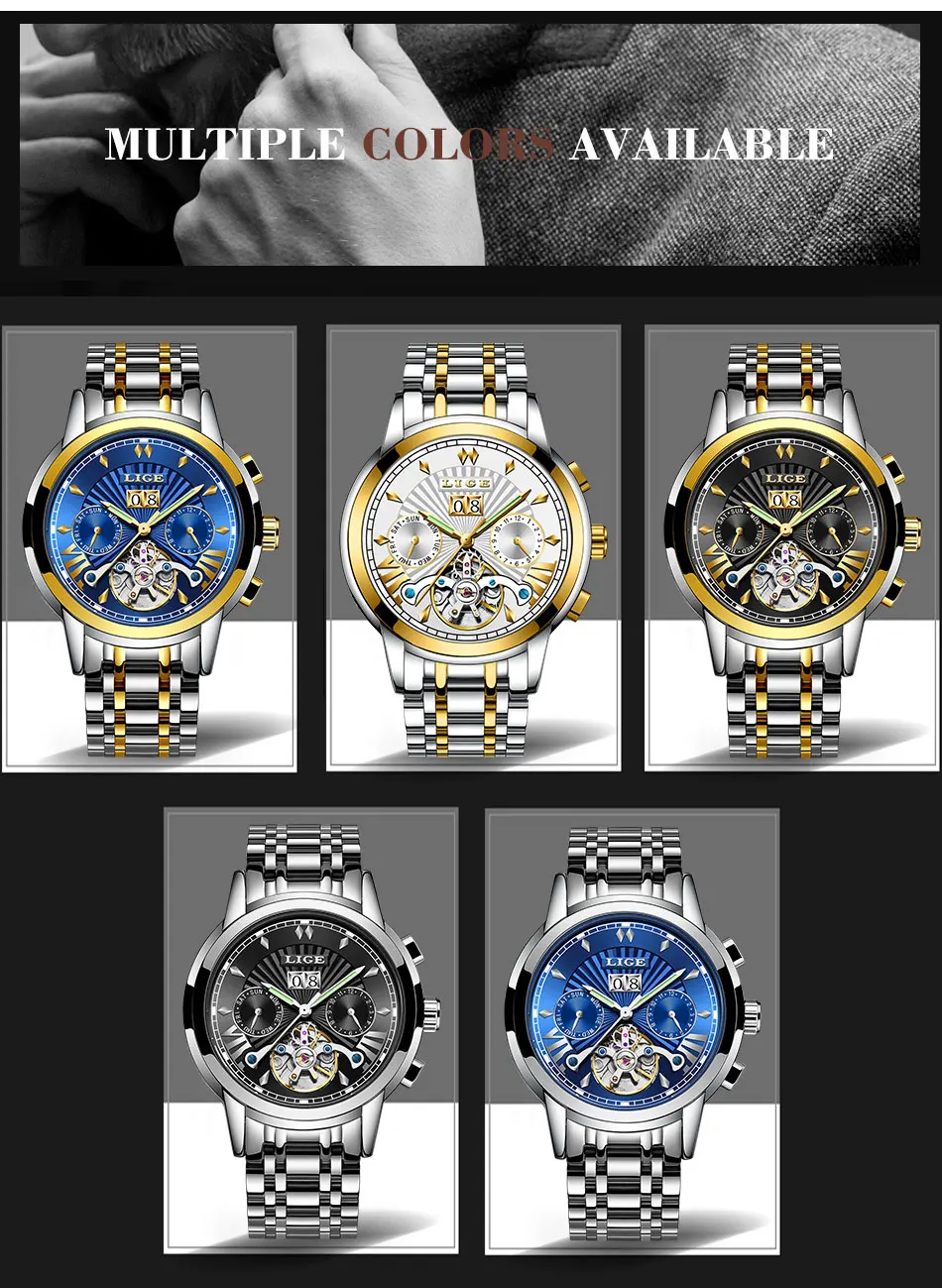 LIGE мужские s часы Топ люксовый бренд Tourbillon автоматические механические часы мужские водонепроницаемые часы со скелетом Montre Homme+ коробка