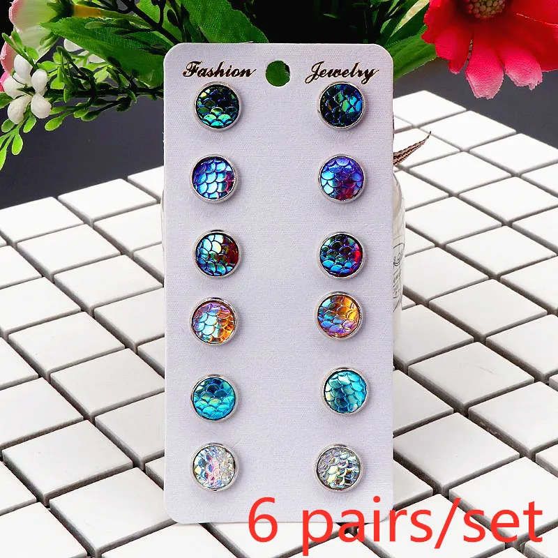 

6Pairs/Set Round Mermaid Stud Earrings Brincos Gifts Multicolor Fashion Fish Scale Earrings For Women Simple Style
