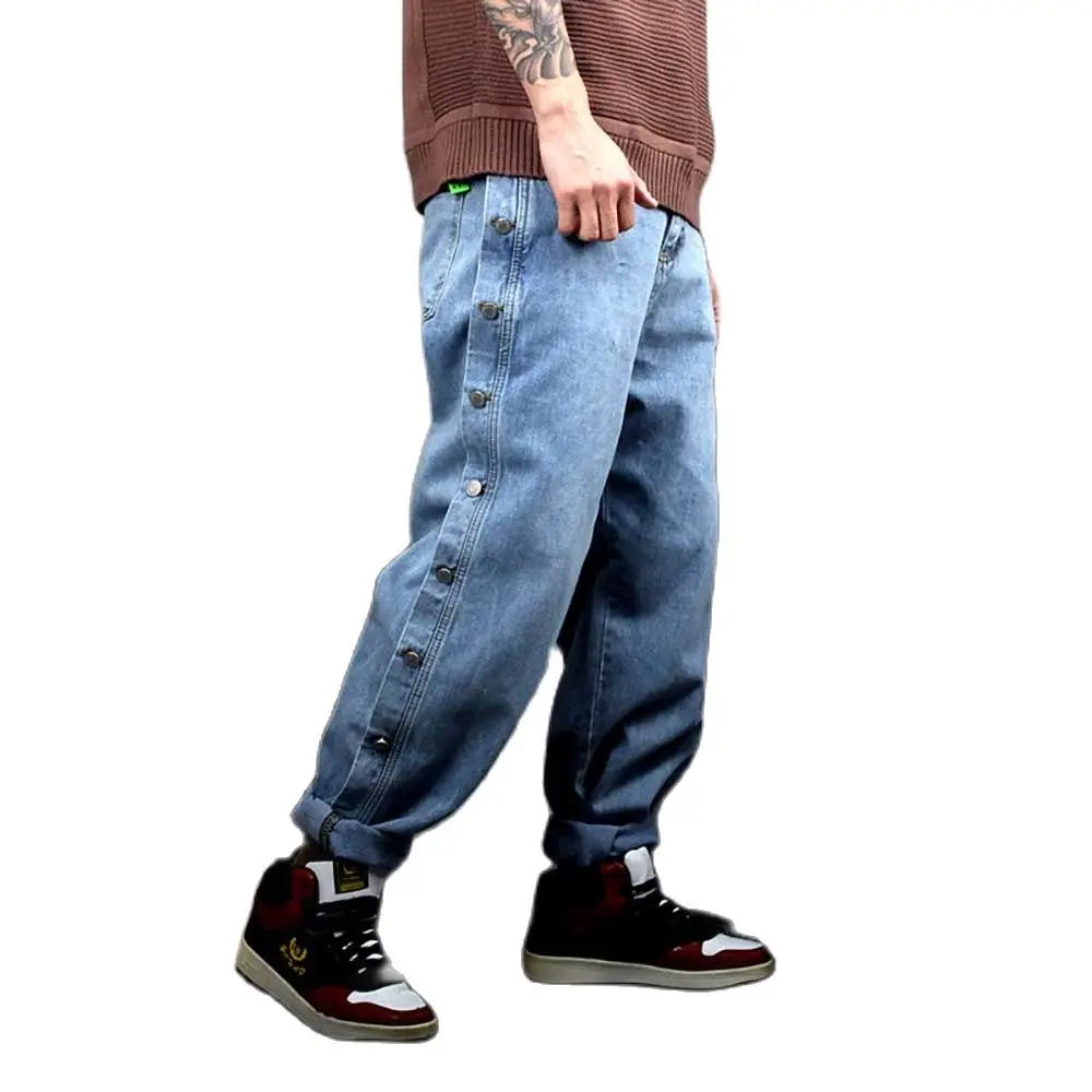 New Fashion Side Button Jeans Men Casual Denim Pants Straight Loose Baggy Trousers Streetwear Hiphop Harem Jeans Male Clothing