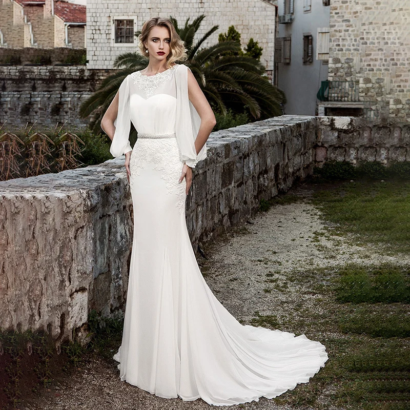 

Fashion Chiffon Long Puff Sleeves Wedding Dress Applique Lace O Neck Beach Bride Gowns Bridal Party Dress with Beading Belt