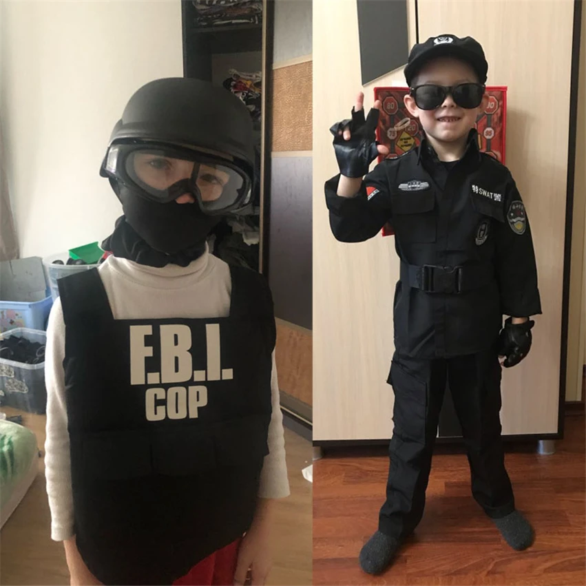 FBI Agent Police Uniform Bulletproof Vest & Helmet Costume Fancy Dress for Children Costume Kids Policeman Cosplay Gift Birthday