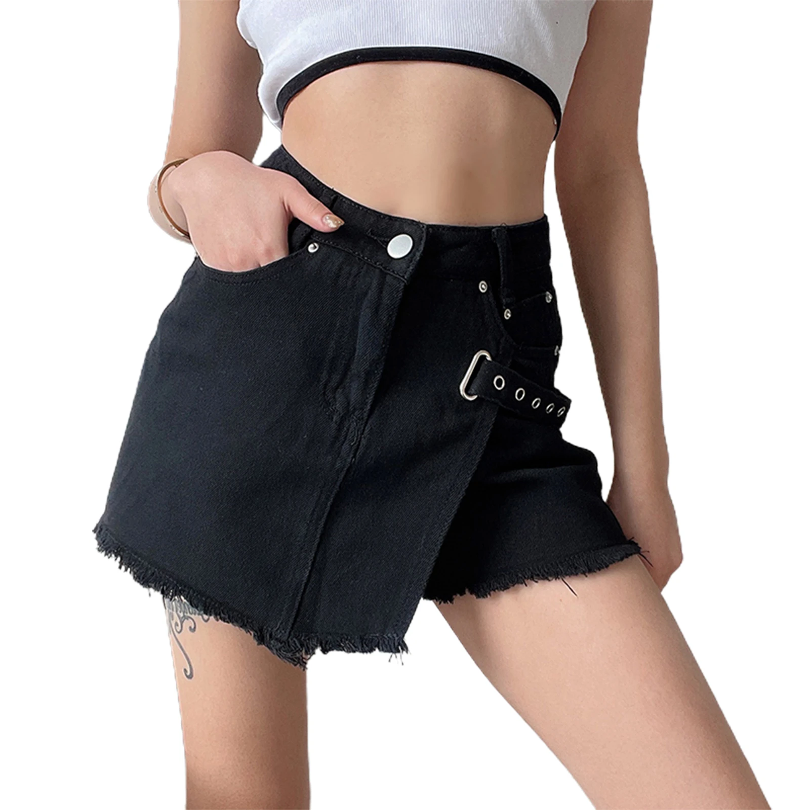

Women Frayed Denim Skirt, Adults Vintage Solid Color Oblique Buckle A-line Skirt with Pockets