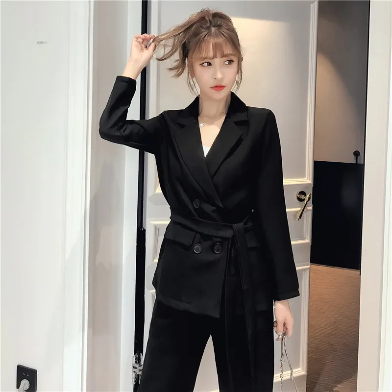 JuneLove Весна Осень Женщины Узелок Pant Suit Vintage Зубчатый Blazer куртки & офиса одежда
