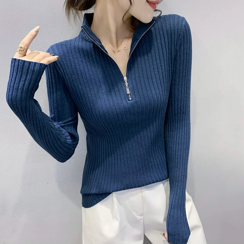 

#6568 черный, белый, синий, хаки, полувысокий воротник на молнии, облегающий вязаный свитер, женские облегающие эластичные хлопковые свитера д...