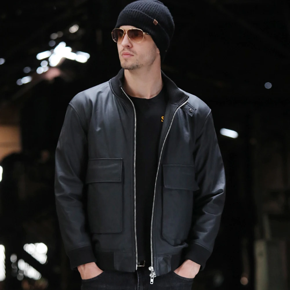Мужская деловая кожаная куртка из 100% натуральной кожи повседневная черная