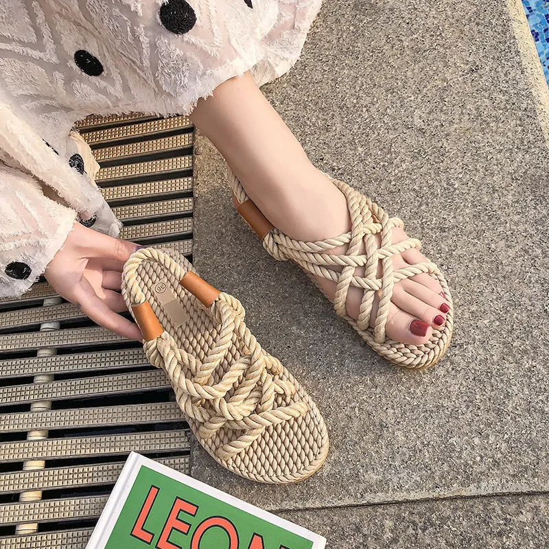 

Gladiator Flat Sandals Women Shoes Open Toe Hemp Slip On Female Shoes Casual Summer Hollow Out Retro Concise Woman Sandals