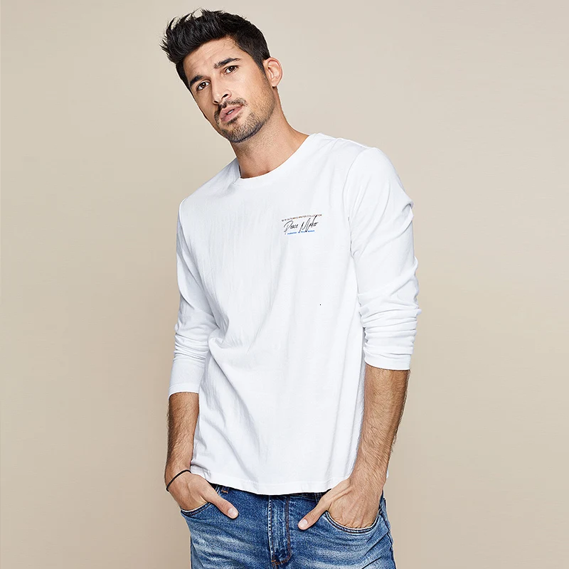 KUEGOU 2019 Autumn 100% Cotton Plain White Print T Shirt Men Tshirt Brand T-shirt Long Sleeve Tee Fashion Clothes Top 7749 | Мужская
