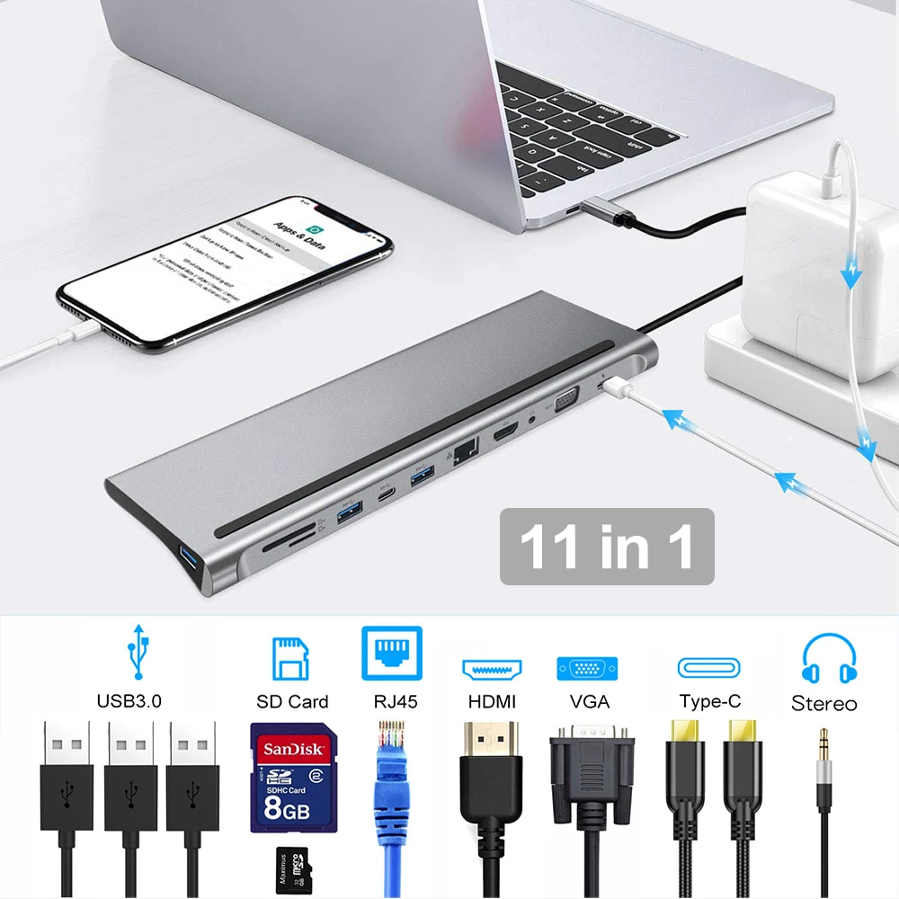 USB 3 1 Type-C концентратор HDMI адаптер 4 к Thunderbolt C 0 VGA TF Card Reader RJ45 стерео PD для MacBook Pro Air 13