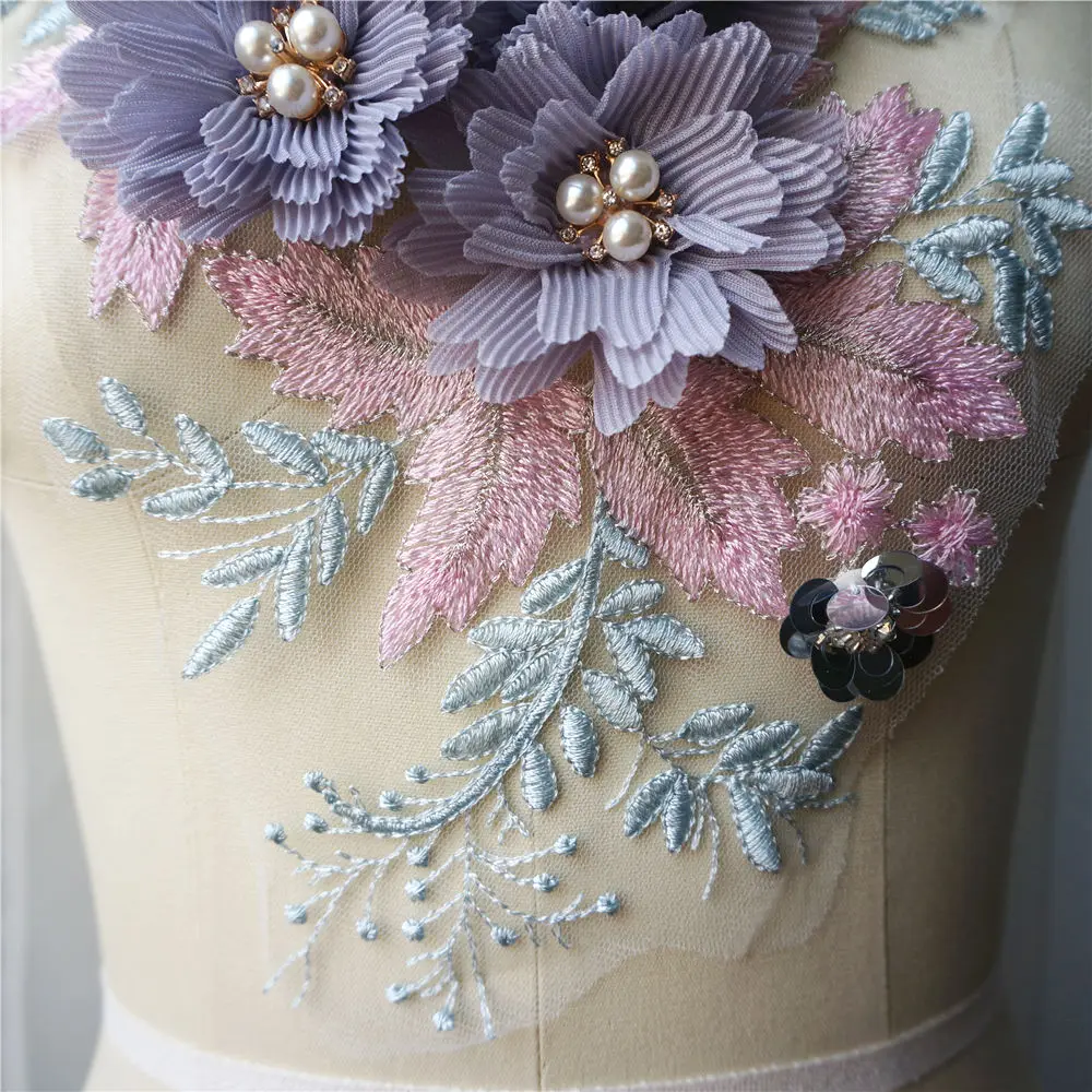 Фиолетовые розовые 3D цветы стразы кружево ткань Вышитое свадебное платье