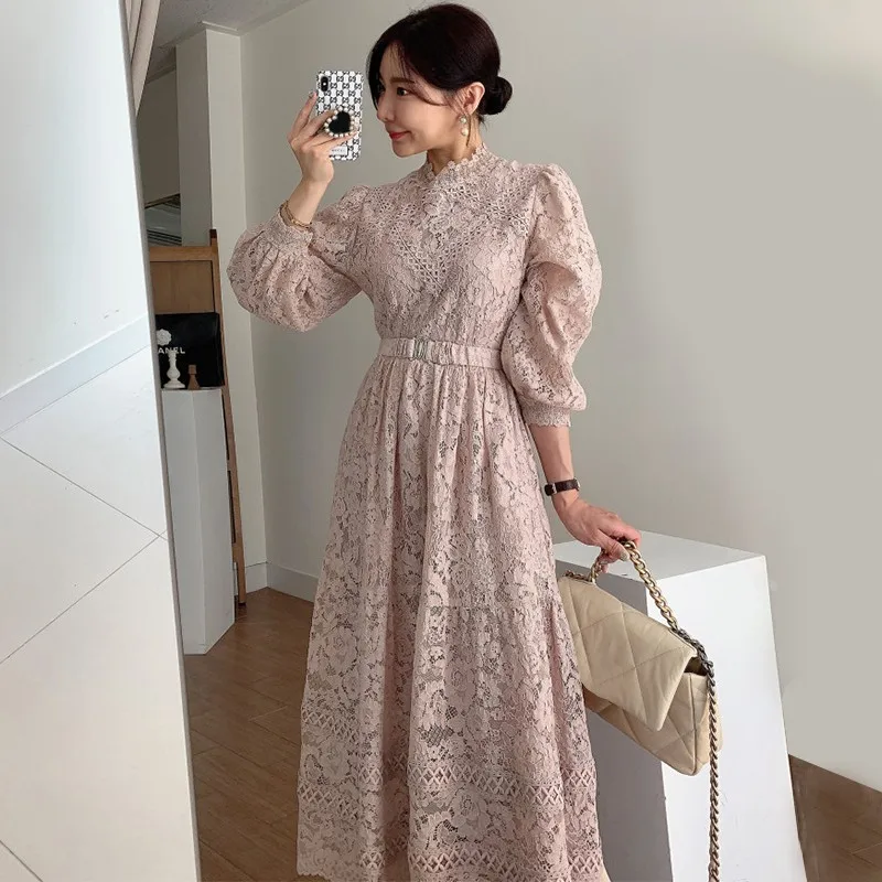 

Spring new style stand-up collar heavy lace crocheted high-waisted dress