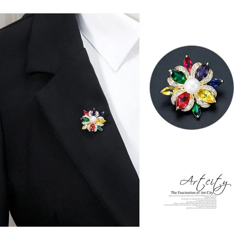 Модная Золотая разноцветная брошь в форме цветка с камнями для женщин аксессуары