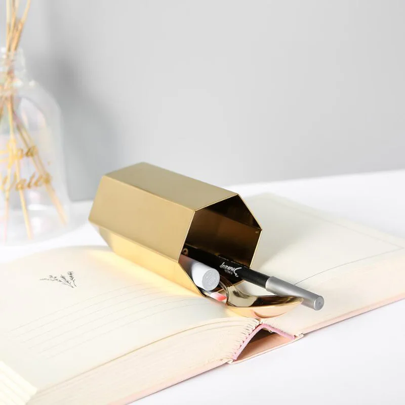 

2 Pcs Gold Flower Vase Pen Holder Desktop Storage Container for Home Office - Hexagon-Luxury Metal Pen Brushes Holder