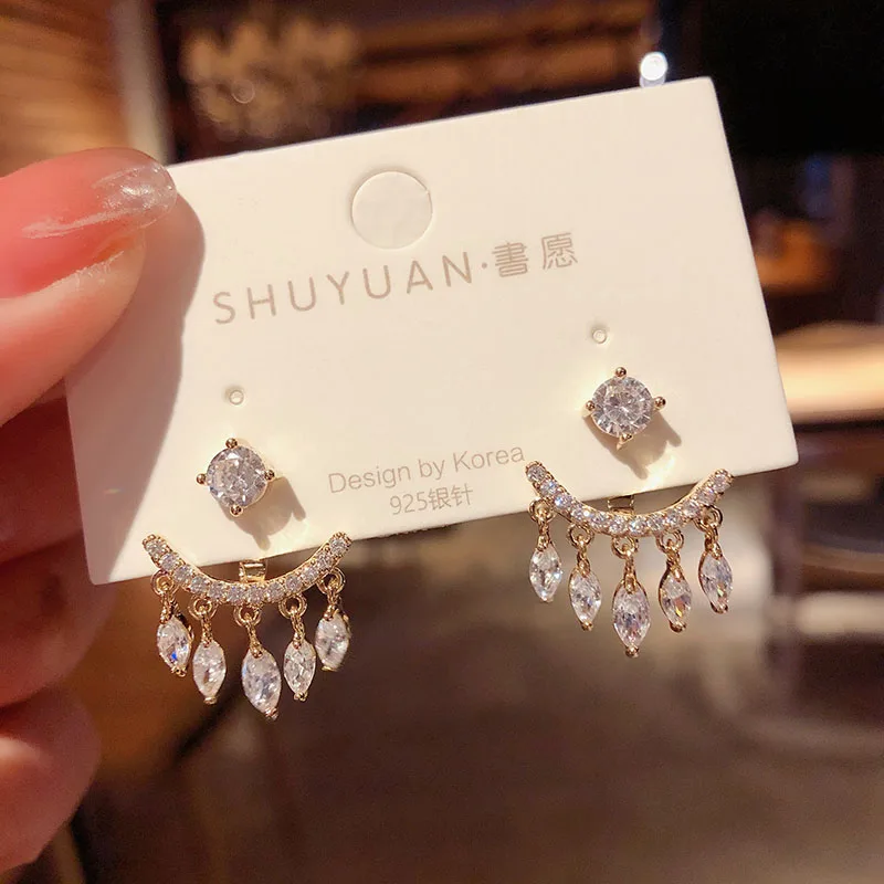 

New Design 14K Gold Plated Plated Tassel Leaves Stud Earrings For Women Luxury Jewelry Zircon Earrings
