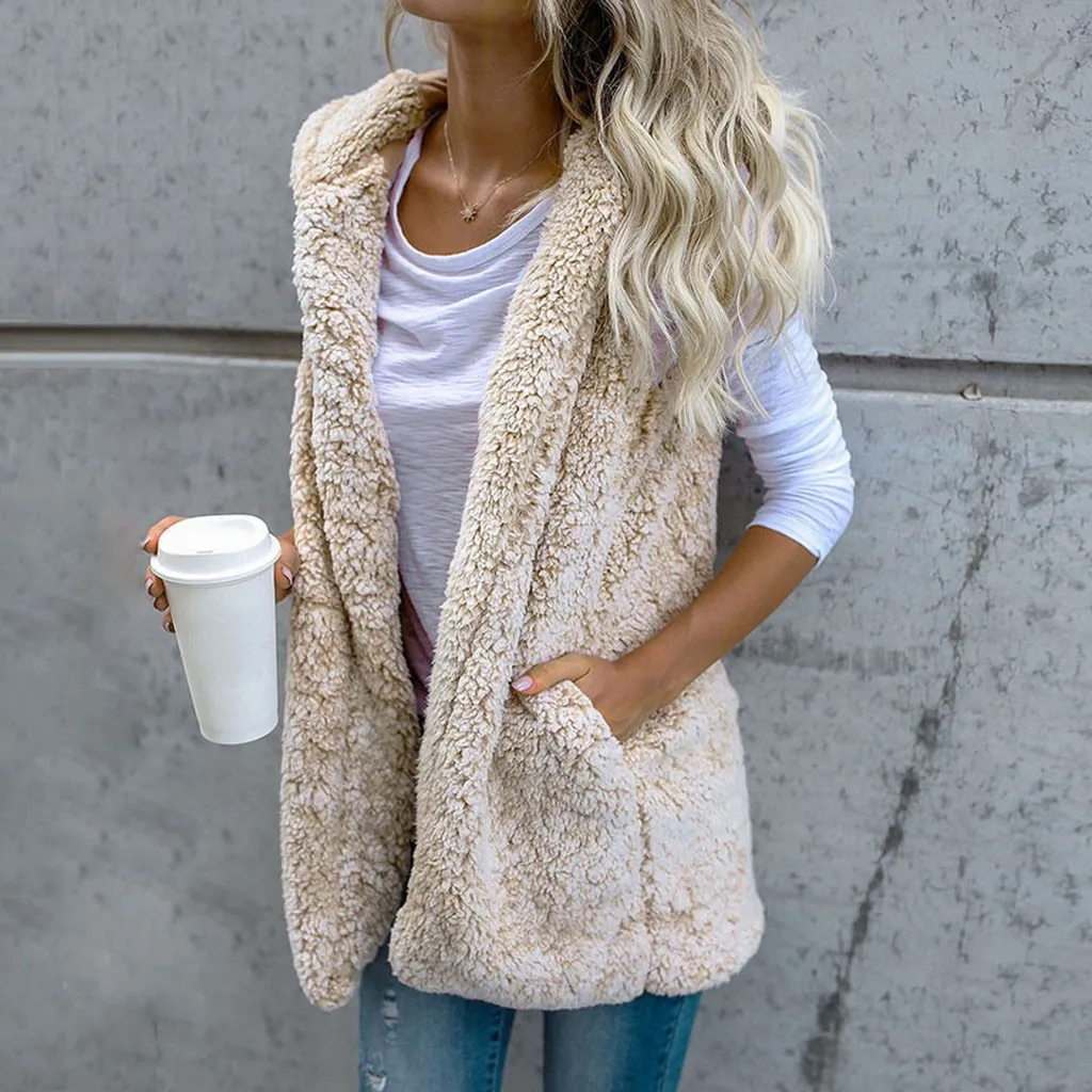 

Fashion Faux Fur Vest Cardigan Women Winter Vest Fashion Elegant Pockets Warm Outwear Womens Coat Hoodies Coats Female Ladies
