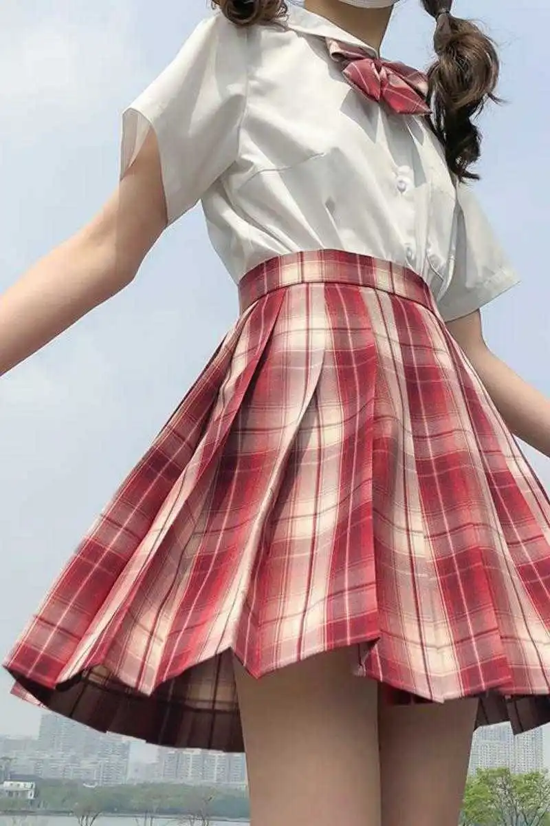 

High Waist A-line Jk Skirts Uniform 2021 Plaid Skirt School Girl Short Skirt Rose Red Black Teen Suit Cheerleader Clothes