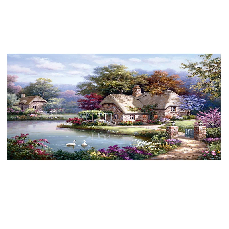 abstract house garden flowers trees lake oil painting printed on canvas nordic wall art poster and prints for living room decor free global shipping
