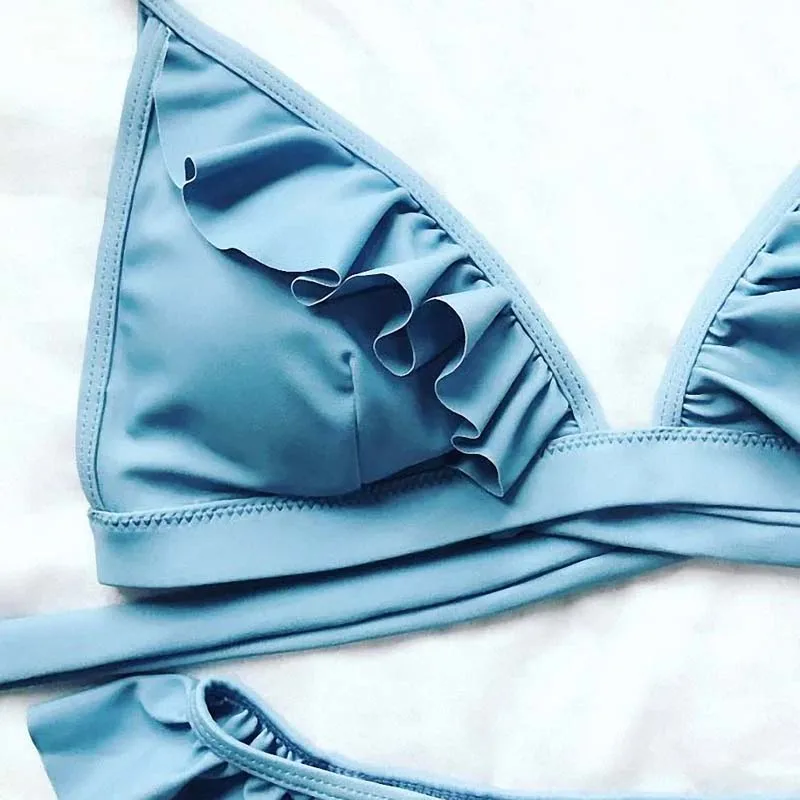 

Paotang 2021 Spring New European And American Open Back Ruffle Design Solid Color Split Bikini Women's Swimming Suit Two-Piece