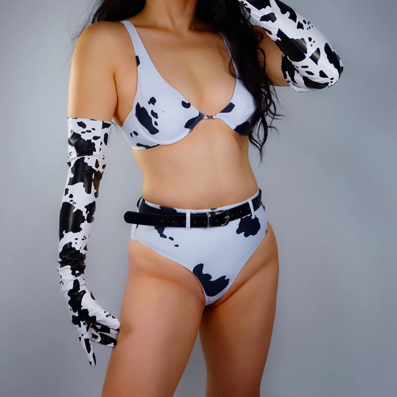 Guantes largos de piel de oveja para mujer, manoplas de piel sintética con patrón de vaca de 60cm, a la moda, contraste blanco y negro, estampado Animal, WPU311