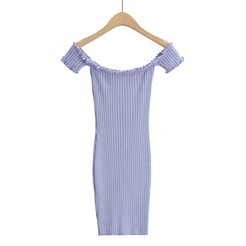 

2021 spring trend women's sexy slim-fit square collar wooden ears buttoned fashion slim bag hip short-sleeved knitted dress