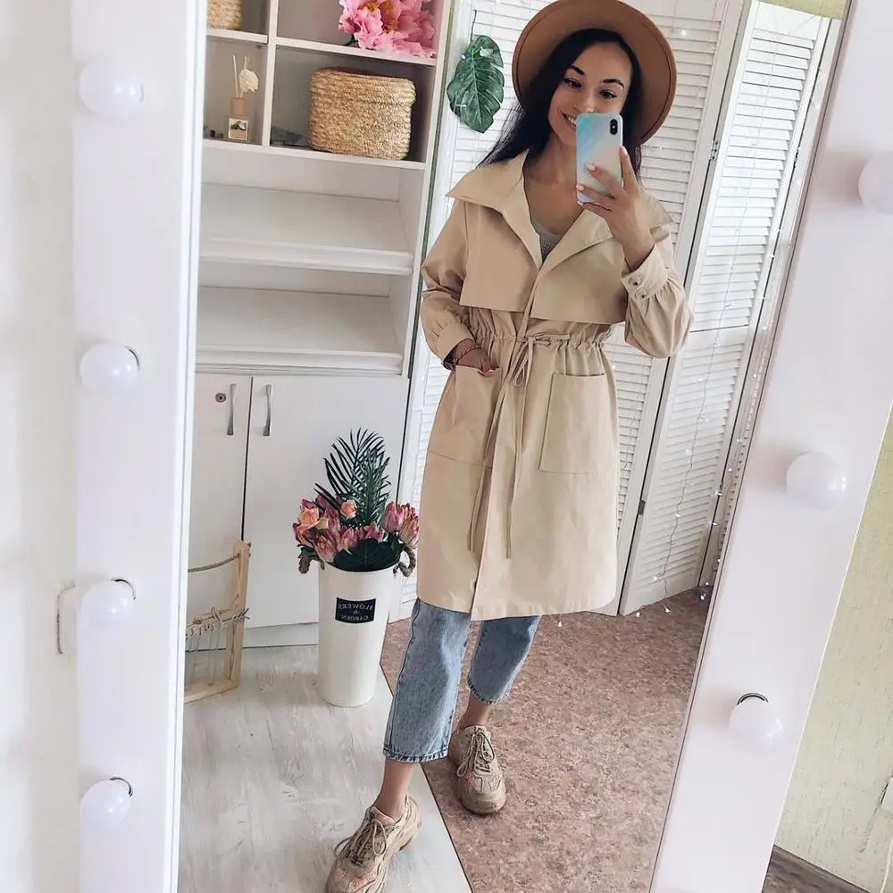 

2021 New Women Trench long Section Solid color Coat Light weight Casual lady's Windbreak Collection