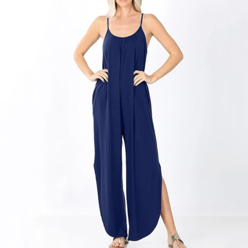 

Rompers Summer Black Sexy Backless Wide Leg Jumpsuit Women Side Split Hem Casual Ladies One Piece Womens Clothing 2021