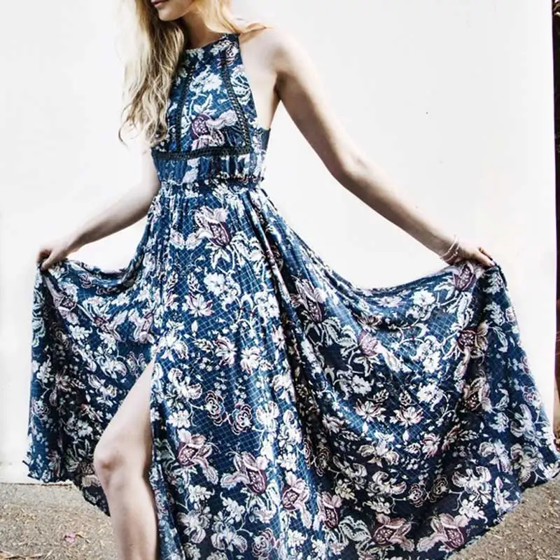 Богемный Вдохновленный летнее платье цветочный принт Холтер без рукавов