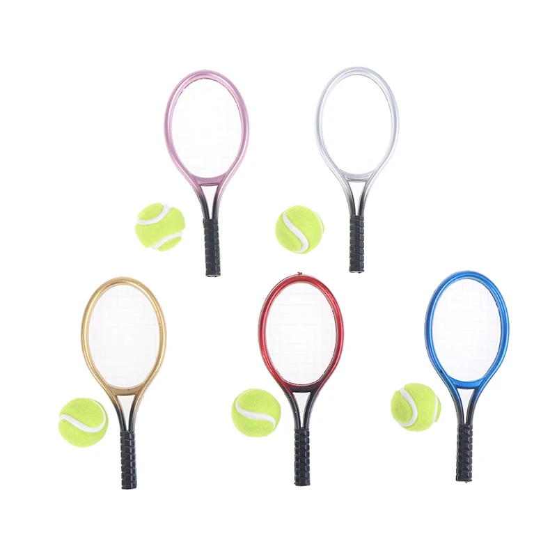 

1 Set 1/6 1/12 Miniature Children Garden Mini Tennis Racket Ball Gift Doll House