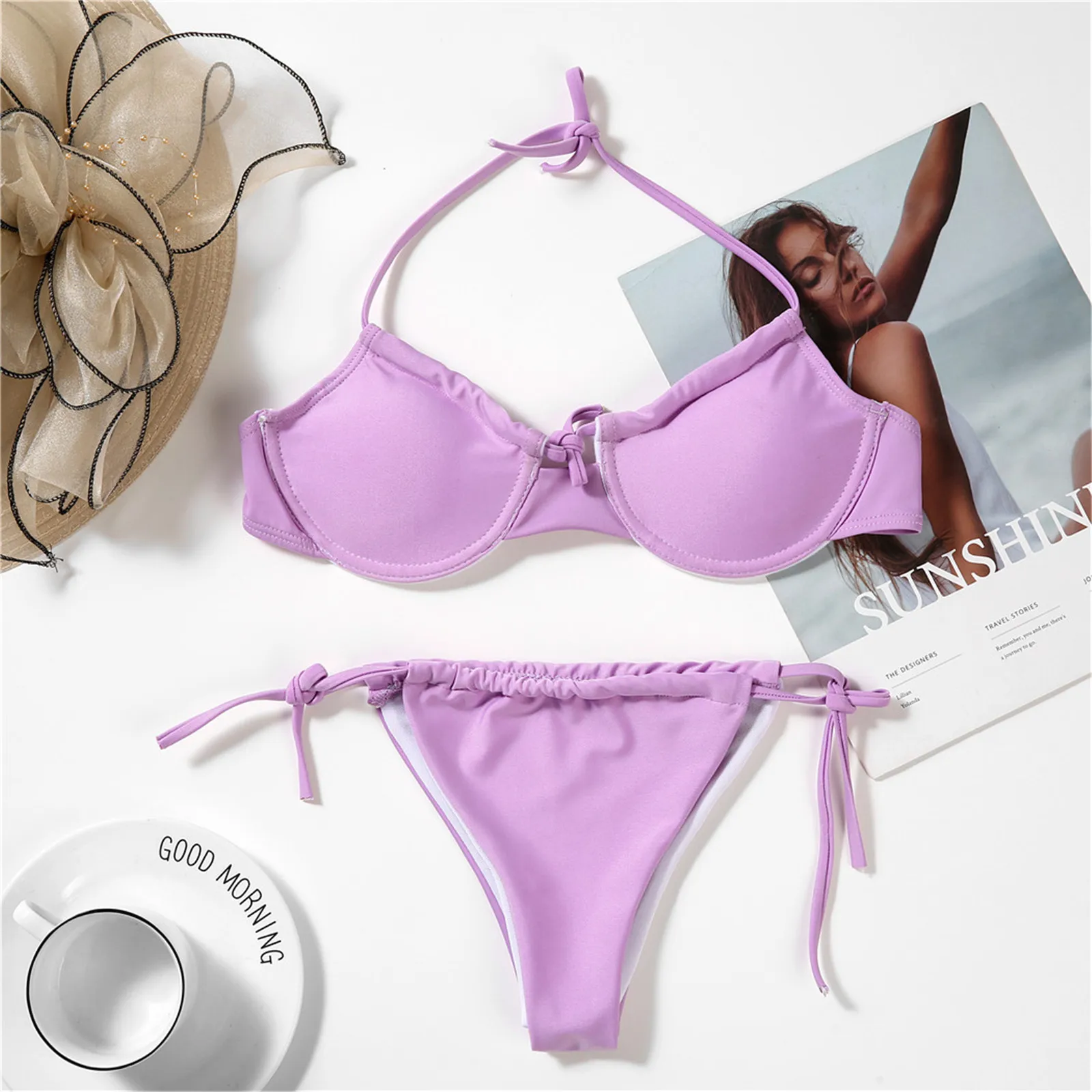 

Women Solid Lace Bikini Set Push Up Swimsuit Beachwear Padded Swimwear Female Swimwear Women Mini Thong Bikini
