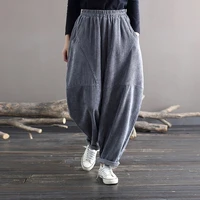 women corduroy bloomers autumn spring female washed distressed loose corduroy pants solid color elastic waist trousers