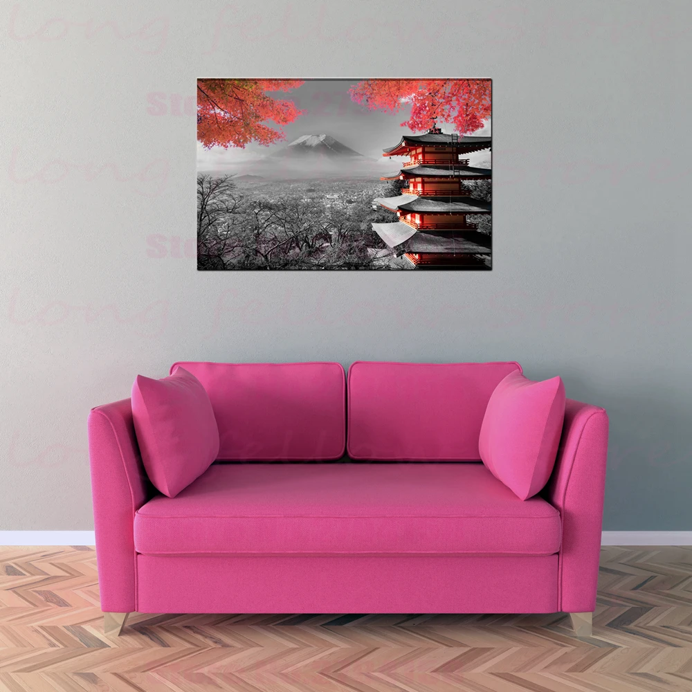 Черная белая красная холщовая Настенная картина печать на фоне Fuji японский Храм