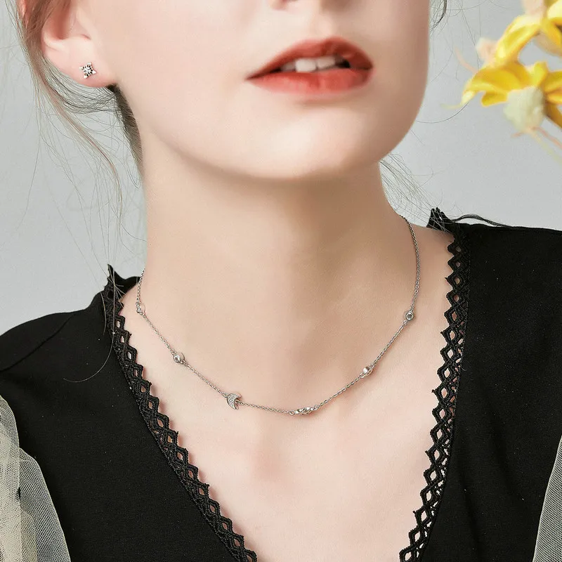 

BISAER Necklaces 100% 925 Sterling Silver Moon And Sun Pendant Original Luxury Link Chain For Women Fine Jewelry Gift ECN272