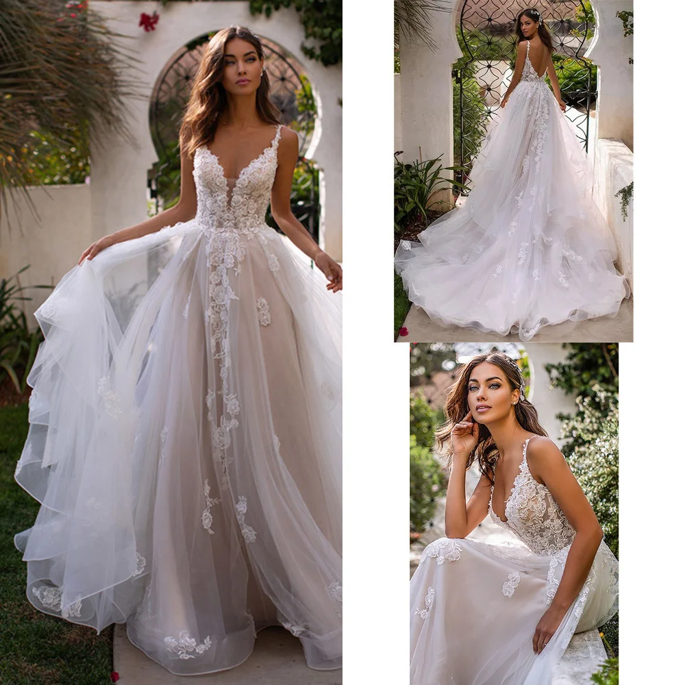 

luxurious 2021 Wedding Dress Long Boho A-Line Backless 3D Flowers Spaghetti Straps Bride Dresses Princess Floor Length Vestido