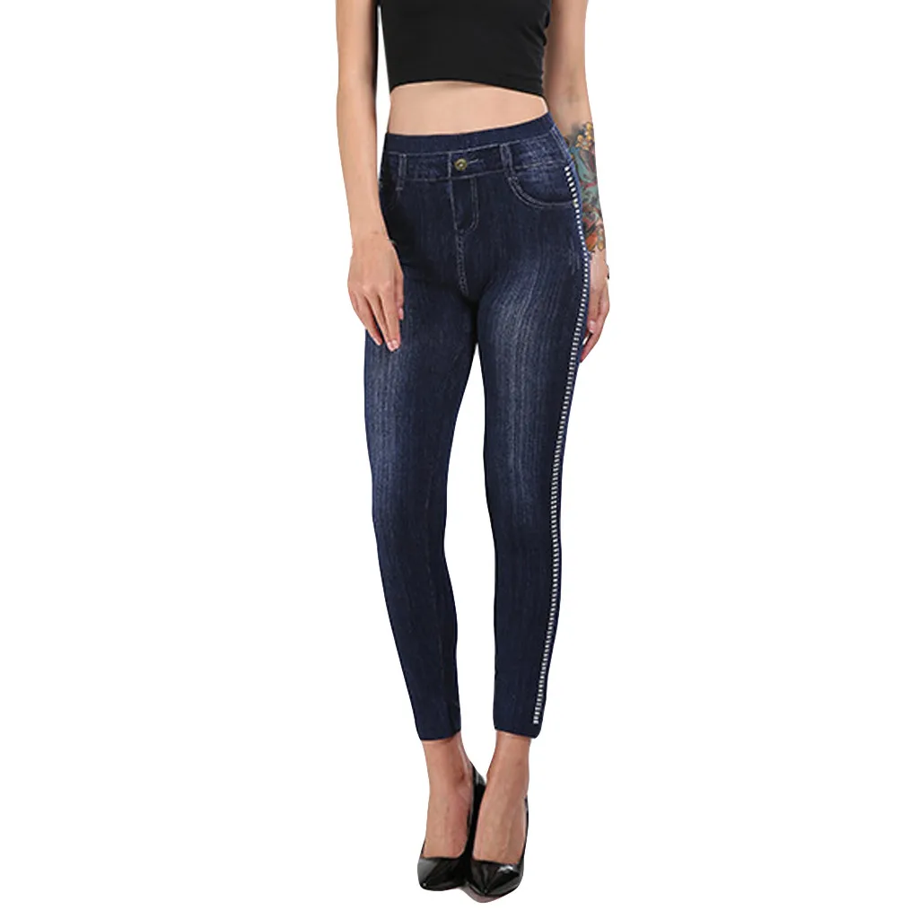 Модные женские леггинсы джинсы с принтом штаны подтяжки бедер обтягивающие