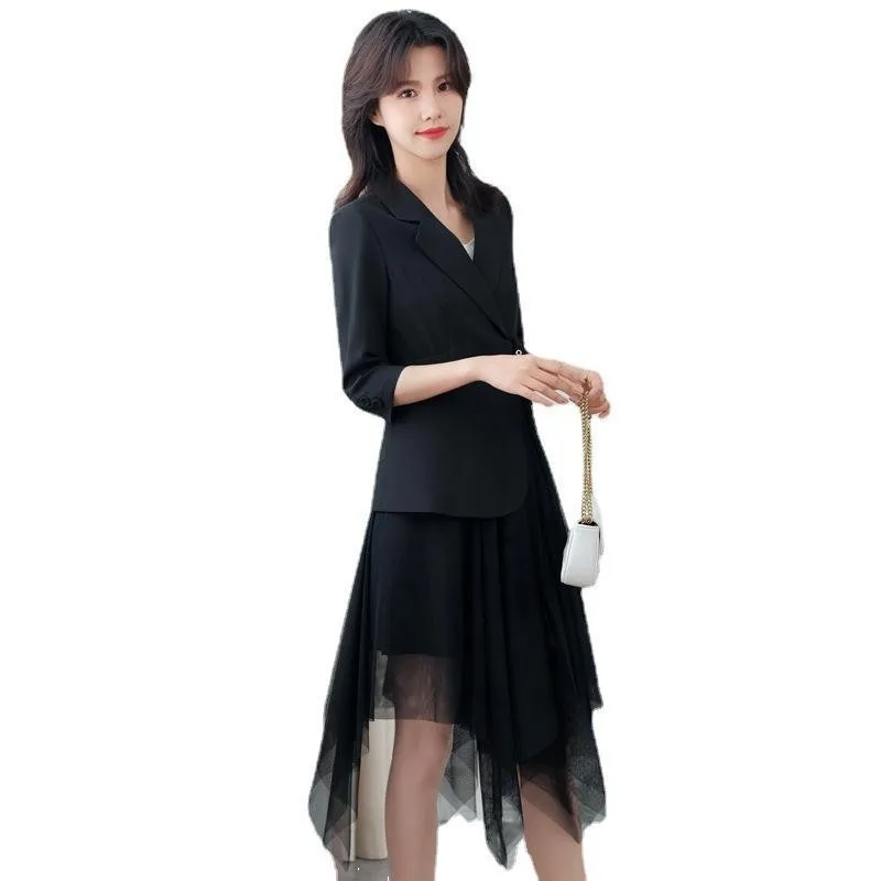 

Office Lady Slim Fit Elegant Mid-Length Dress Spring Autumn Lapel Irregular Sashes Suit Dress Solid A-Line Seven Quarter Sleeve