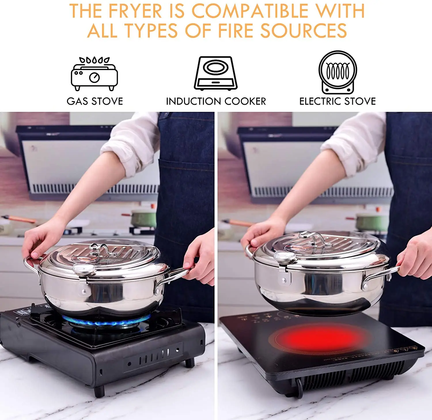 Japanese Deep Frying Pot with A Thermometer and Lid 304 Stainless Steel Kitchen Tempura Fryer Pan 20 24 CM Cookware | Дом и сад