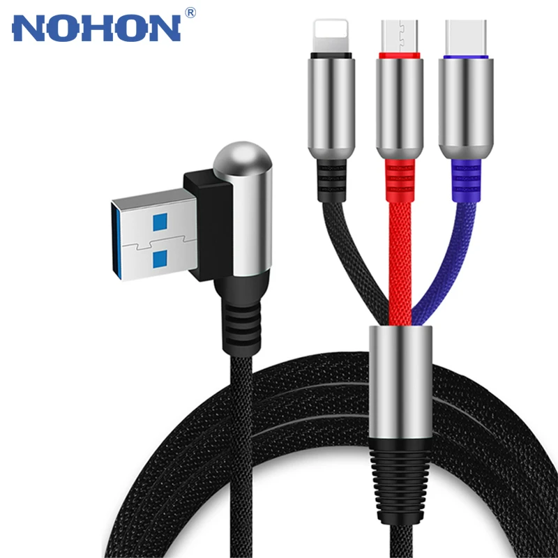 NOHON 3 в 1 пуля USB кабель для зарядки мобильного телефона type-C Micro USB 90 градусов 2.4A USB зарядное устройство Шнур для iPhone 11 Pro Max
