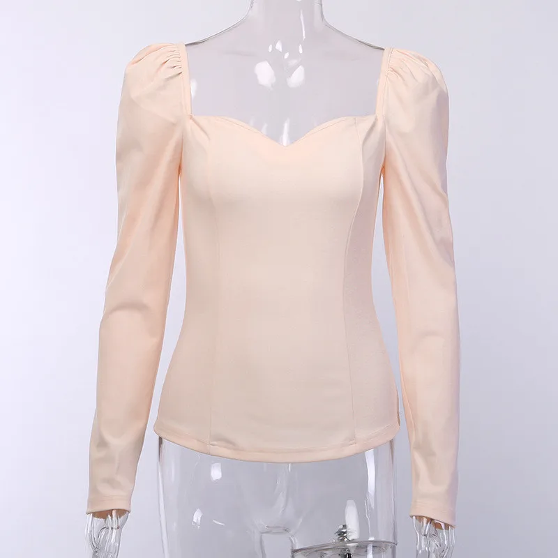 

2021 Spring Sexy Puff Sleeve Slim Sweet Blouse Women Blusas Solid Tops Long Sleeve Fitted Shirt Sexy Slim Office Ladies Blouses