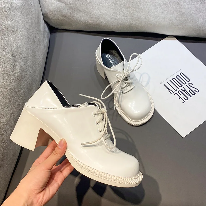 

2021 autumn new style women's shoes big lace up high heel single shoes women's British style thick heel fashion shoes