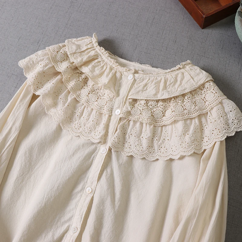 

Sweet Japan Style Mori Girl Peter Pan Collar Solid Color Shirt Cotton Lace Embroidery Long Sleeve Women Blouse