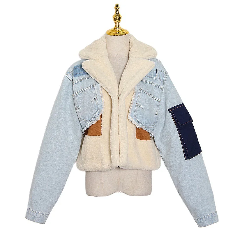 

Imitation Lamb Wool Coat 2021 Winter New Fashion Color Matching Stitching Loose Thick Denim Casual Women Jacket