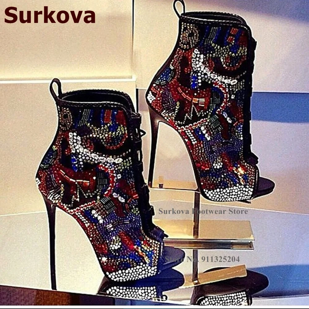 Surkova Bling Bling Multi-Color Crystal Ankle Boots Stiletto Heels Open Toe Lace-up Rhinestone Booties Colorful Glitter Pumps